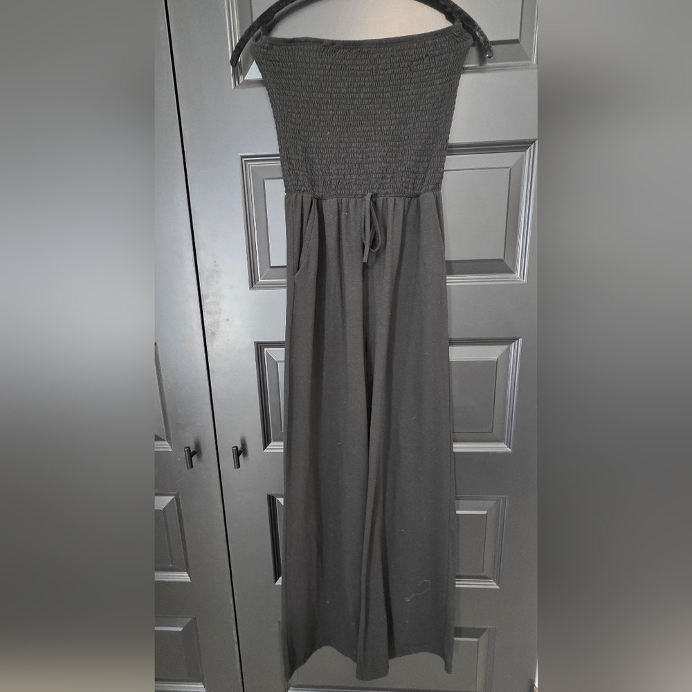 Strapless Smocked Wide-Leg Jumpsuit — Black
